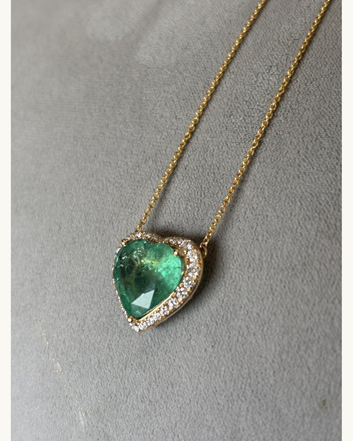 Emerald Heart and Diamond Halo Pendant Necklace