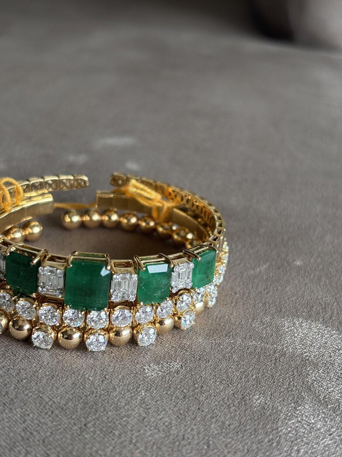 Wide Emerald and Diamond Gold Bangle