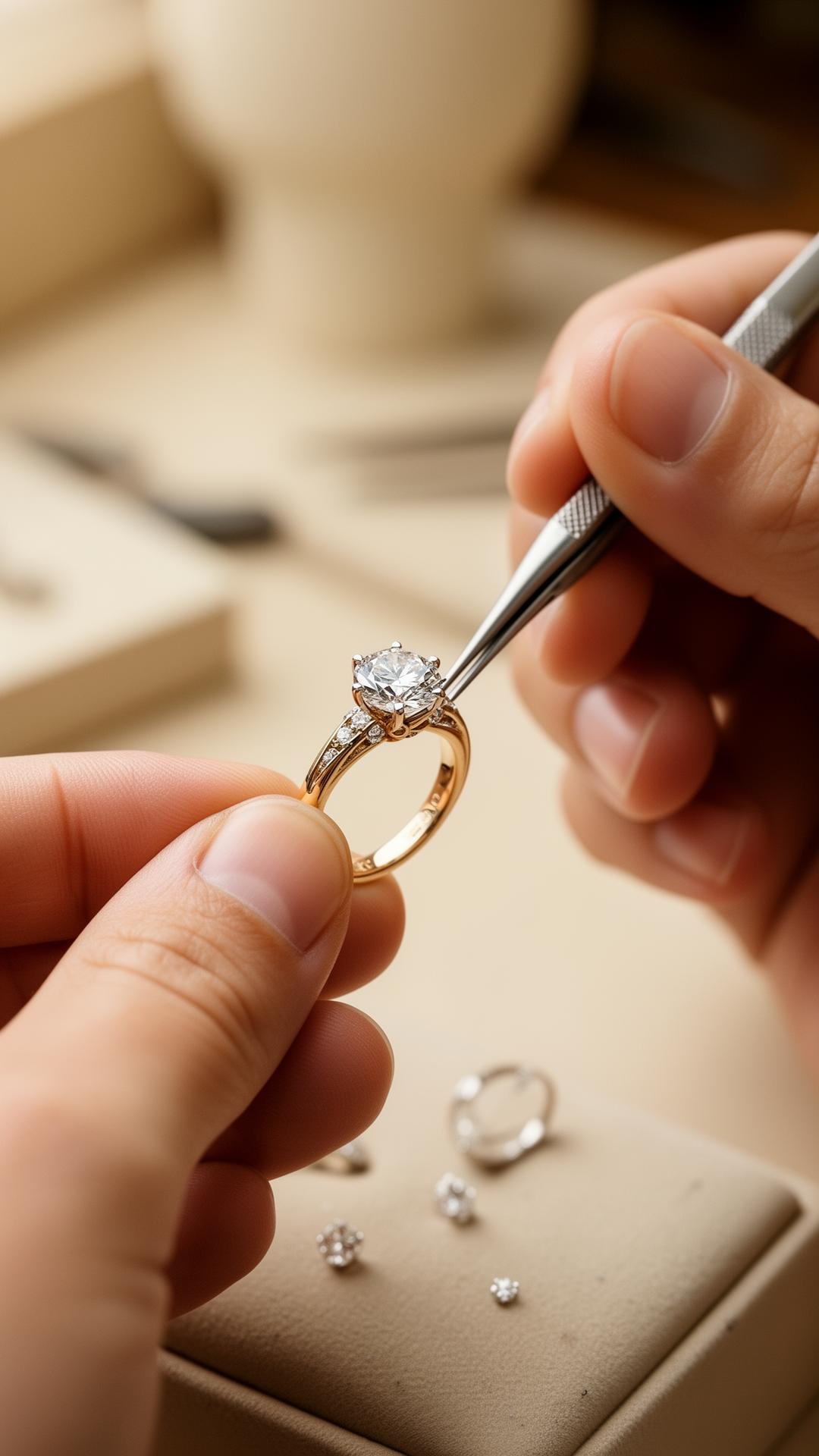 A jeweller setting a diamond into an 18kt gold ring