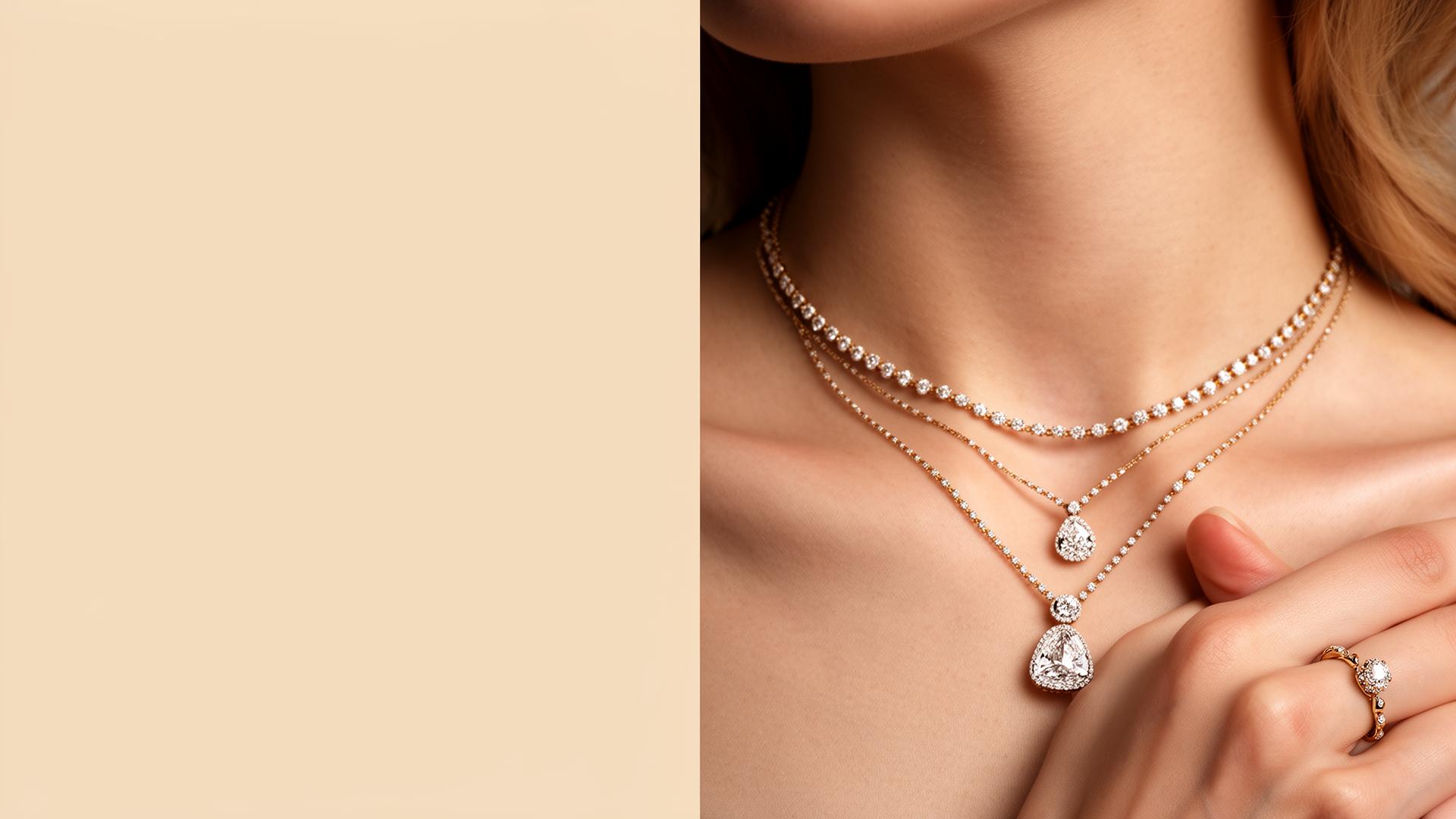 A woman wearing layered 18kt gold diamond necklaces by Mairaa